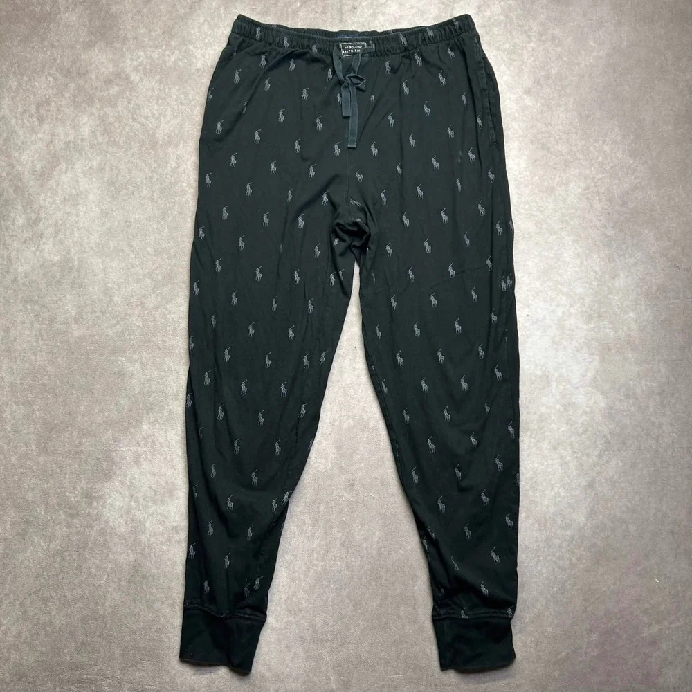 Polo Ralph Lauren Mens Black Allover Pony Logo Jogger Pajama Pants Size Large *